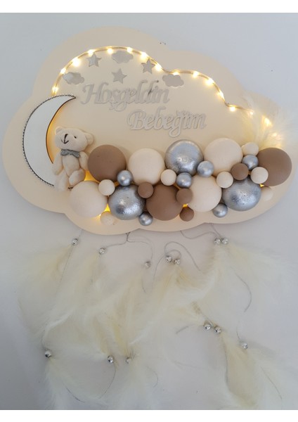 Bebek Kapı Süsü Ledli Bubble Ayıcıklı Ahşap Bulut Pano