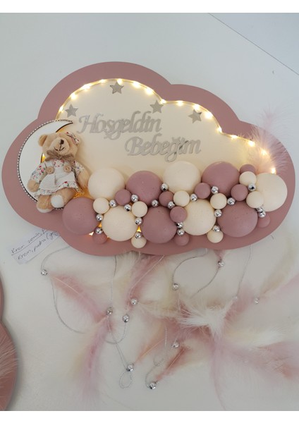Bebek Kapı Süsü Ledli Bubble Ayıcıklı Ahşap Bulut Pano