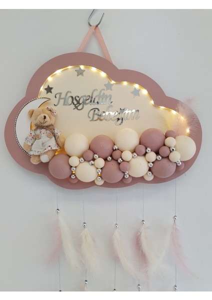 Bebek Kapı Süsü Ledli Bubble Ayıcıklı Ahşap Bulut Pano