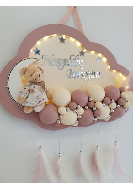 Bebek Kapı Süsü Ledli Bubble Ayıcıklı Ahşap Bulut Pano