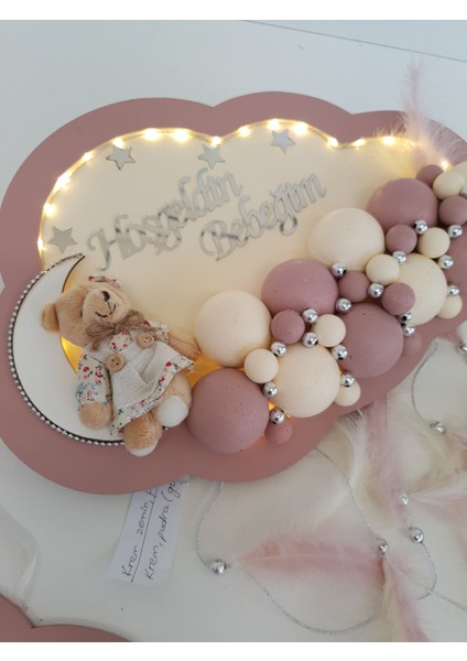 Bebek Kapı Süsü Ledli Bubble Ayıcıklı Ahşap Bulut Pano