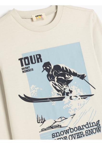 Kayak Baskılı T-Shirt Uzun Kollu Bisiklet Yaka Pamuklu modelleri