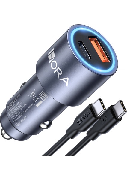GAR241 Pd+Qc Metal Araç Şarj Cihazı (20W+18W) - 1m Type-C To Type-C Kablosu - Gri