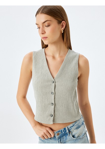 Dokulu Düğmeli V Yaka Yelek