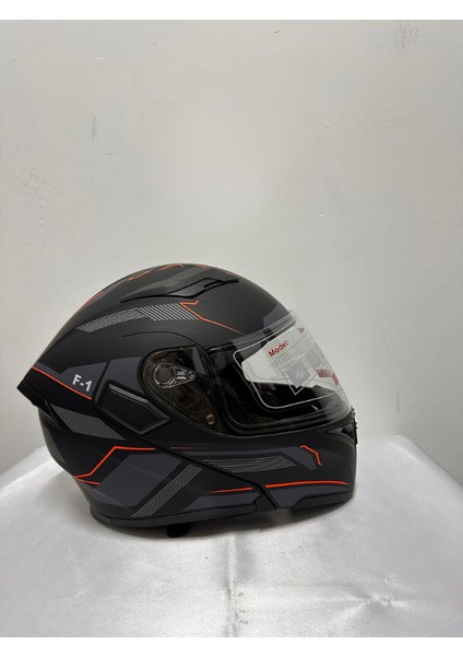 JK-902 Çene Açılır Kask E-1 Mat Siyah Turuncu Desen Kask ( Çene Pedli ) Güneş Vizörlü