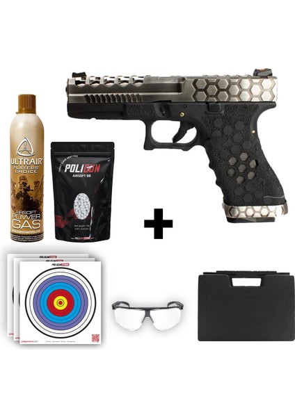 Aw Custom Glock 17 Hex-Cut Gümüş + Green Gas + 0.20GR Bb + Taşıma Çantası + Balistik Gözlük