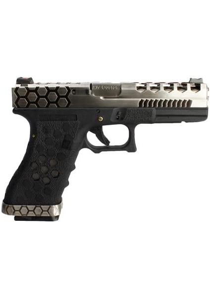 Aw Custom Glock 17 Hex-Cut Gümüş + Green Gas + 0.20GR Bb + Taşıma Çantası + Balistik Gözlük