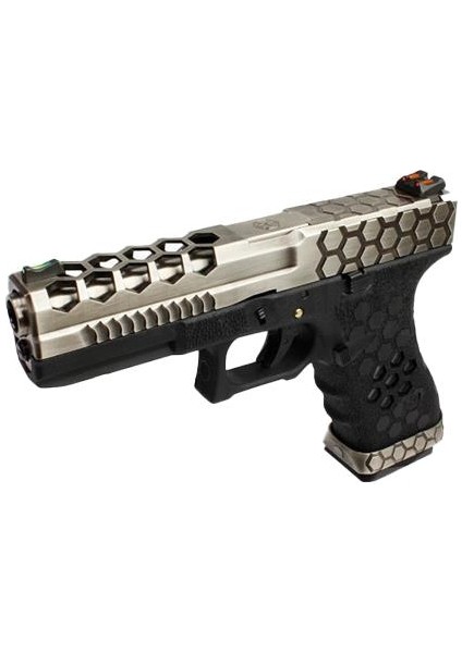 Aw Custom Glock 17 Hex-Cut Gümüş + Green Gas + 0.20GR Bb + Taşıma Çantası + Balistik Gözlük