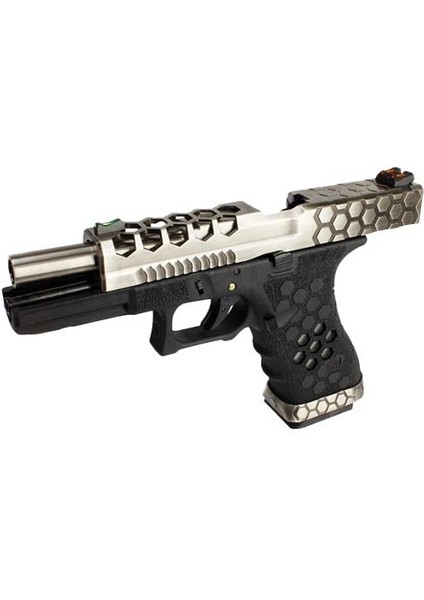 Aw Custom Glock 17 Hex-Cut Gümüş + Green Gas + 0.20GR Bb + Taşıma Çantası + Balistik Gözlük