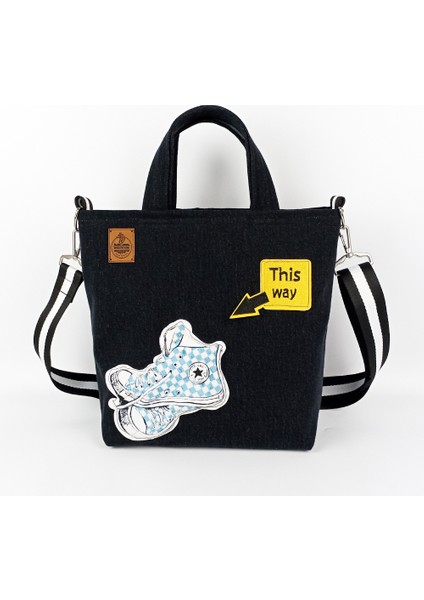 Tasarım Siyah Kot El Yapımı Tote Çanta