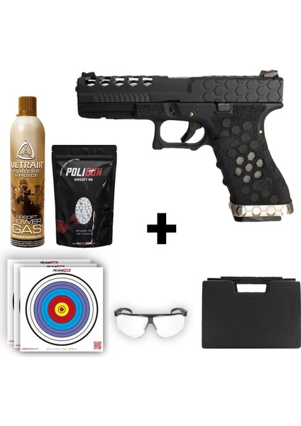 Aw Custom Glock 17 Hex-Cut Siyah + Green Gas + 0.20GR Bb + Taşıma Çantası + Balistik Gözlük
