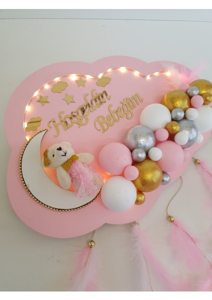 Bebek Kapı Süsü Ledli Bubble Ayıcıklı Ahşap Bulut Pano