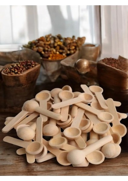 100 Adet Ahşap Tahta Baharat Kaşığı - 7 cm Dekoratif Kaşık