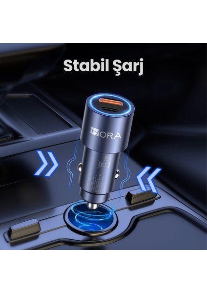 GAR241 Pd+Qc Metal Araç Şarj Cihazı (20W+18W) - 1m Type-C To Type-C Kablosu - Gri