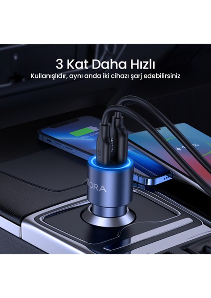 GAR241 Pd+Qc Metal Araç Şarj Cihazı (20W+18W) - 1m Type-C To Type-C Kablosu - Gri