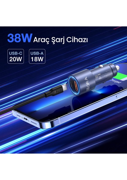 GAR241 Pd+Qc Metal Araç Şarj Cihazı (20W+18W) - 1m Type-C To Type-C Kablosu - Gri