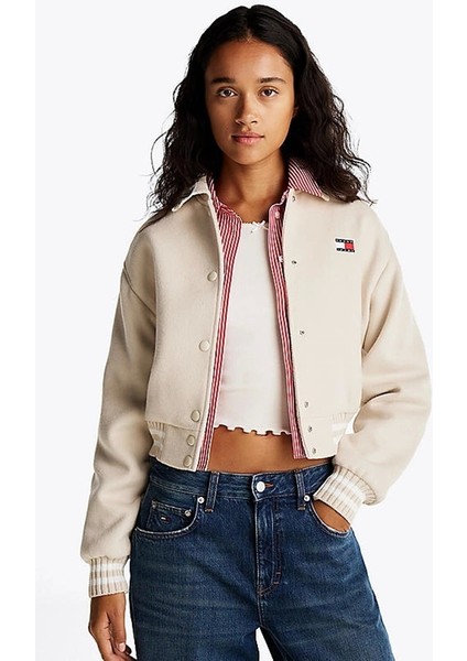 Tommy Hilfiger Tommy Jeans Kadın Bej Varsity Bomber Ceket