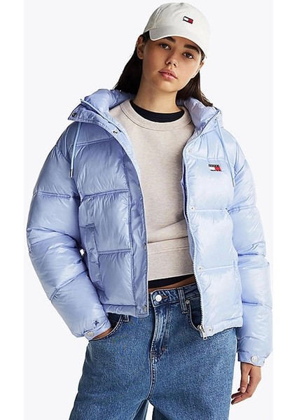 Tommy Hilfiger Tommy Jeans Kadın Mavi Parlak Kapşonlu Şişme Mont