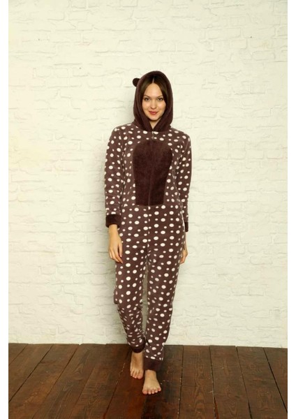 Fermuar Detaylı Kışlık Welsoft Polar Kadın Tulum Pijama Takımı