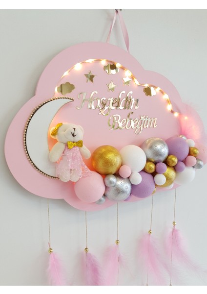 Bebek Kapı Süsü Ledli Bubble Ayıcıklı Ahşap Bulut Pano