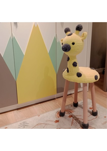 Hayvan Figürlü Ahşap Amigurumi Çocuk Taburesi Sarı Zürafa