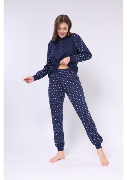 Lacivert - Fuşya Yeşil Puanlı -Düğme Patlı Yaka -Uzun Kollu- Kadın Pijama Takımı