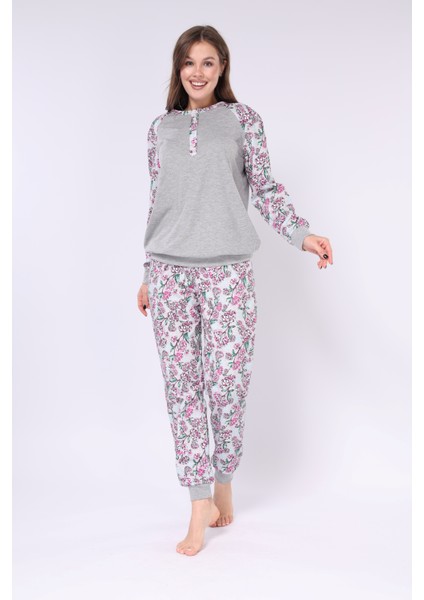 Gri Melanj Çiçek Baskılı - Düğme Patlı Yaka - Uzun Kollu - Kadın Pijama Takımı fiyatları