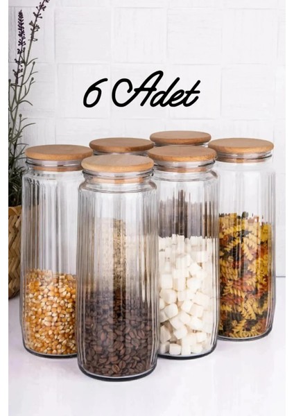 6'lı Ahşap Kapaklı 1500 ml Çizgili Cam Saklama Kabı Bakliyat Baharatlık Kavanoz