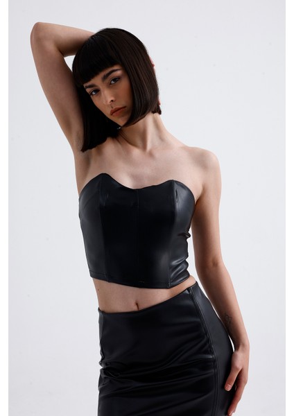 Fermuarlı Suni Deri Büstiyer | BUST34504 Siyah fiyatları