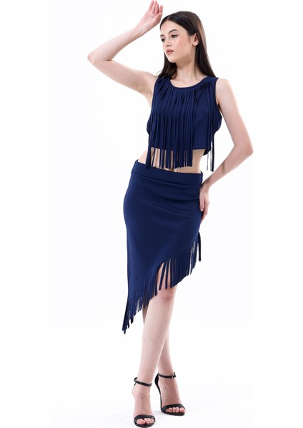 Saçaklı Az Simetrik Abiye Etek | ETK35737 Lacivert