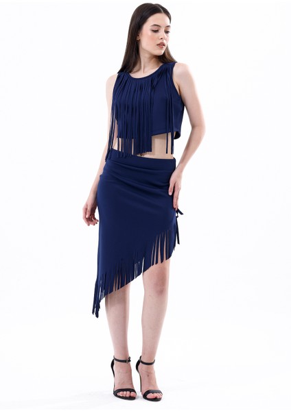 Saçaklı Az Simetrik Abiye Etek | ETK35737 Lacivert fiyatları