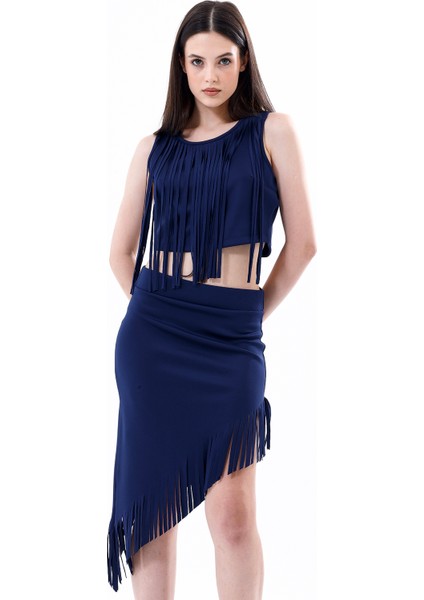 Saçaklı Az Simetrik Abiye Etek | ETK35737 Lacivert modelleri