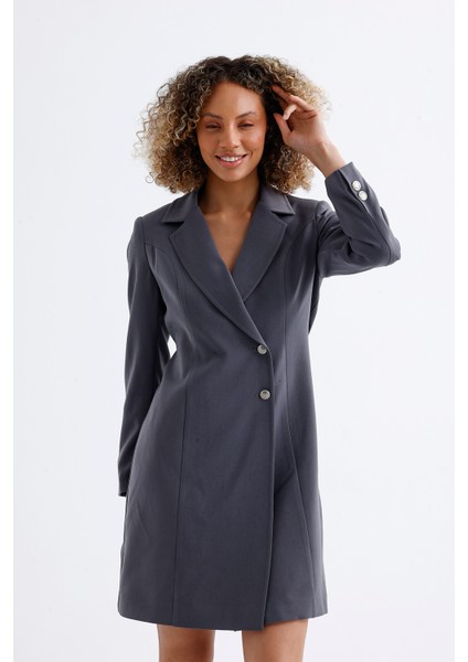 Astarlı Ön ve Kollar Metal Düğmeli Adriyana Ceket Elbise | CKT35856 Grı