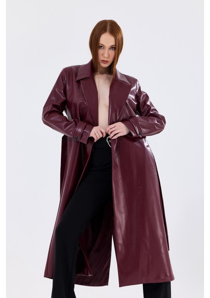 Astarlı Beli Kuşaklı Apoletli Suni Deri Trençkot Pardüsü Bordo