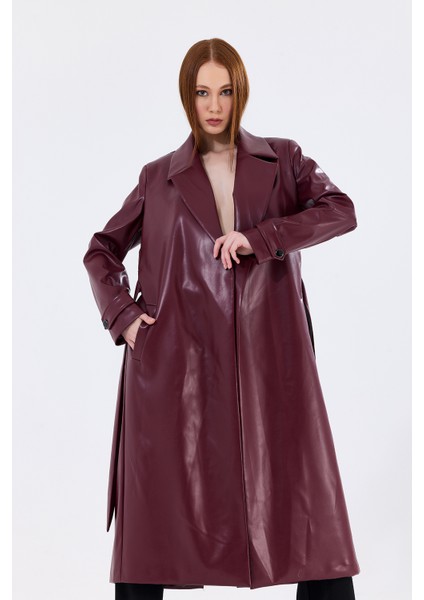 Astarlı Beli Kuşaklı Apoletli Suni Deri Trençkot Pardüsü Bordo fiyatları