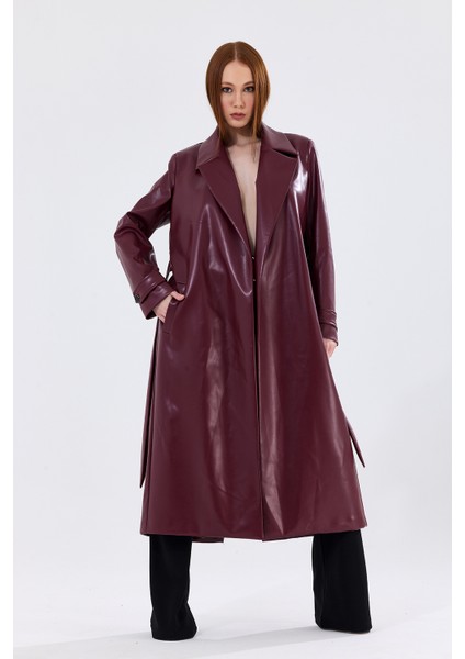 Astarlı Beli Kuşaklı Apoletli Suni Deri Trençkot Pardüsü Bordo modelleri
