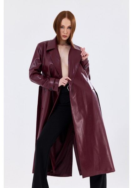 Astarlı Beli Kuşaklı Apoletli Suni Deri Trençkot Pardüsü Bordo fırsatları