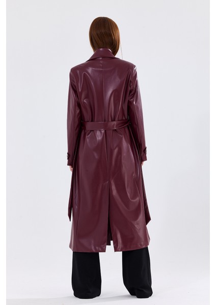 Astarlı Beli Kuşaklı Apoletli Suni Deri Trençkot Pardüsü Bordo indirimleri