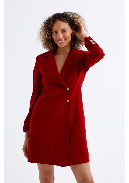 Astarlı Ön ve Kollar Metal Düğmeli Adriyana Ceket Elbise | CKT35856 Bordo