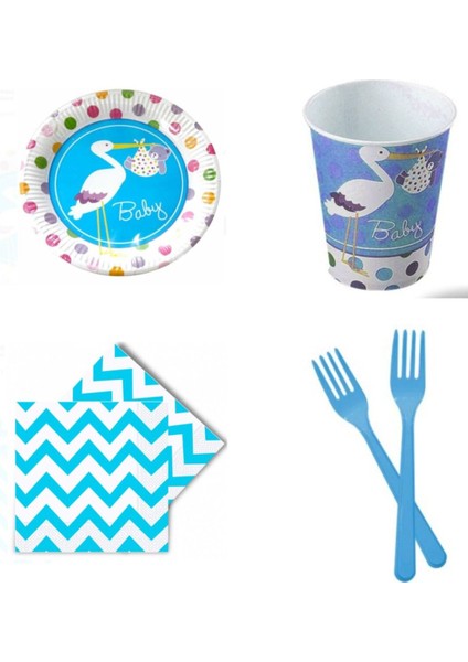 Karton Tabak Bardak Renkli Peçete Plastik Çatal Baby Shower