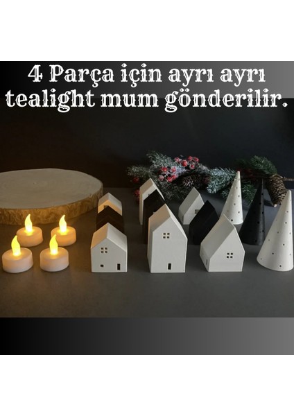 Kış Evleri 4 Parça Tealight Mumluk 3 Ev 1 Çam Ağacı Dekoratif Ev Biblo Yılbaşı Süsleri