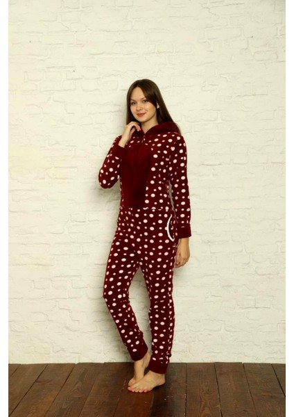 Fermuar Detaylı Kışlık Welsoft Polar Kadın Tulum Pijama Takımı