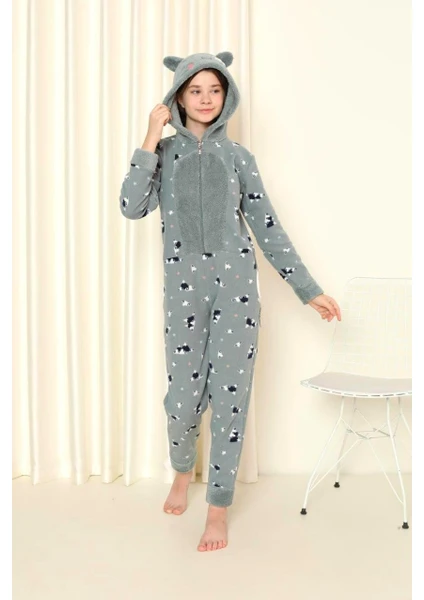 Desenli Kışlık Kız Çocuk Polar Tulum Pijama Takımı