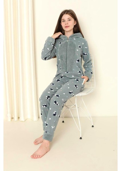 Desenli Kışlık Kız Çocuk Polar Tulum Pijama Takımı