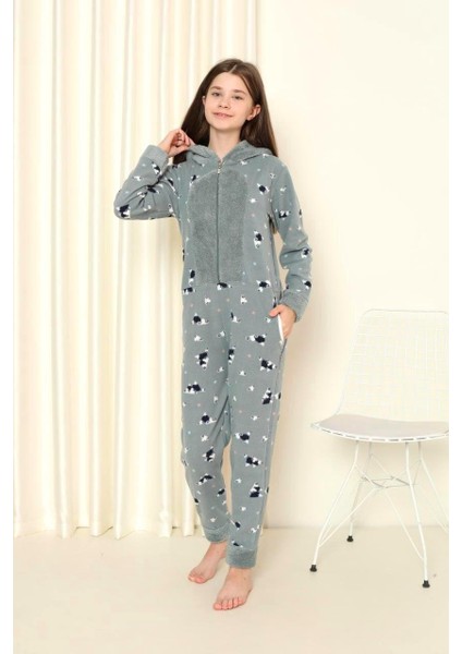 Desenli Kışlık Kız Çocuk Polar Tulum Pijama Takımı