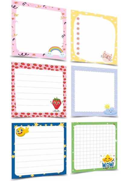 Notluk - Bloknot 6'lı Set (Gökkuşağı, Bulut, Kedi, Çilek ve Emoji Temalı Notes ) (8-8 Cm)