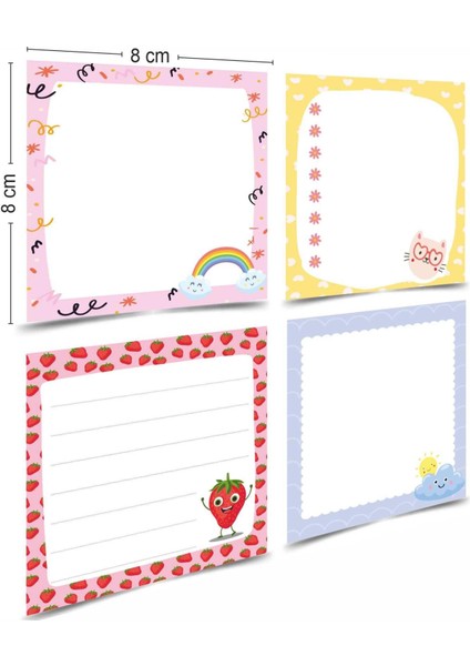 Notluk - Bloknot 6'lı Set (Gökkuşağı, Bulut, Kedi, Çilek ve Emoji Temalı Notes ) (8-8 Cm)