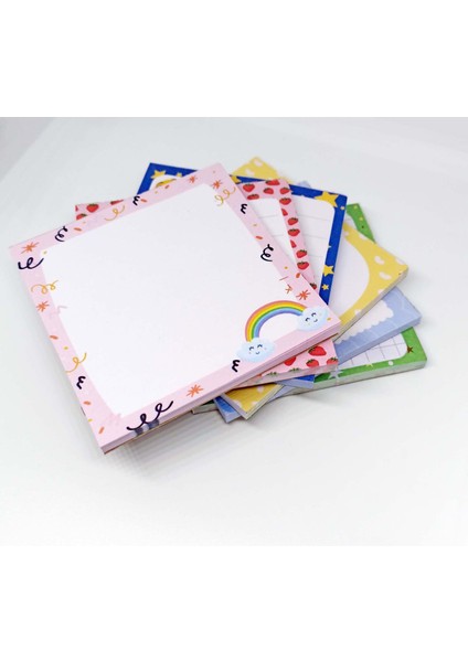Notluk - Bloknot 6'lı Set (Gökkuşağı, Bulut, Kedi, Çilek ve Emoji Temalı Notes ) (8-8 Cm)