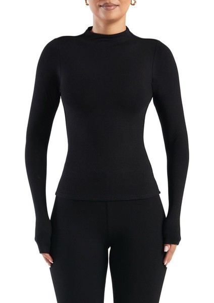 Siyah Darkalıp Slimfit Soft Touch Mock Neck Finger Detail Parmak Detaylı Tesettür Body