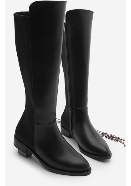 Kadın Lastikli Dizaltı Çizme Suni Deri 3 cm Topuk